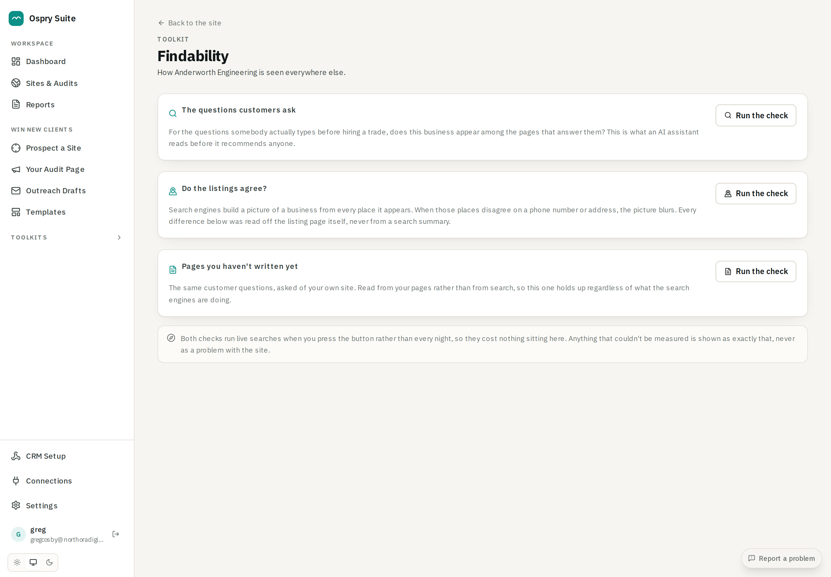 The Findability toolkit showing question coverage and listing consistency checks for a site.