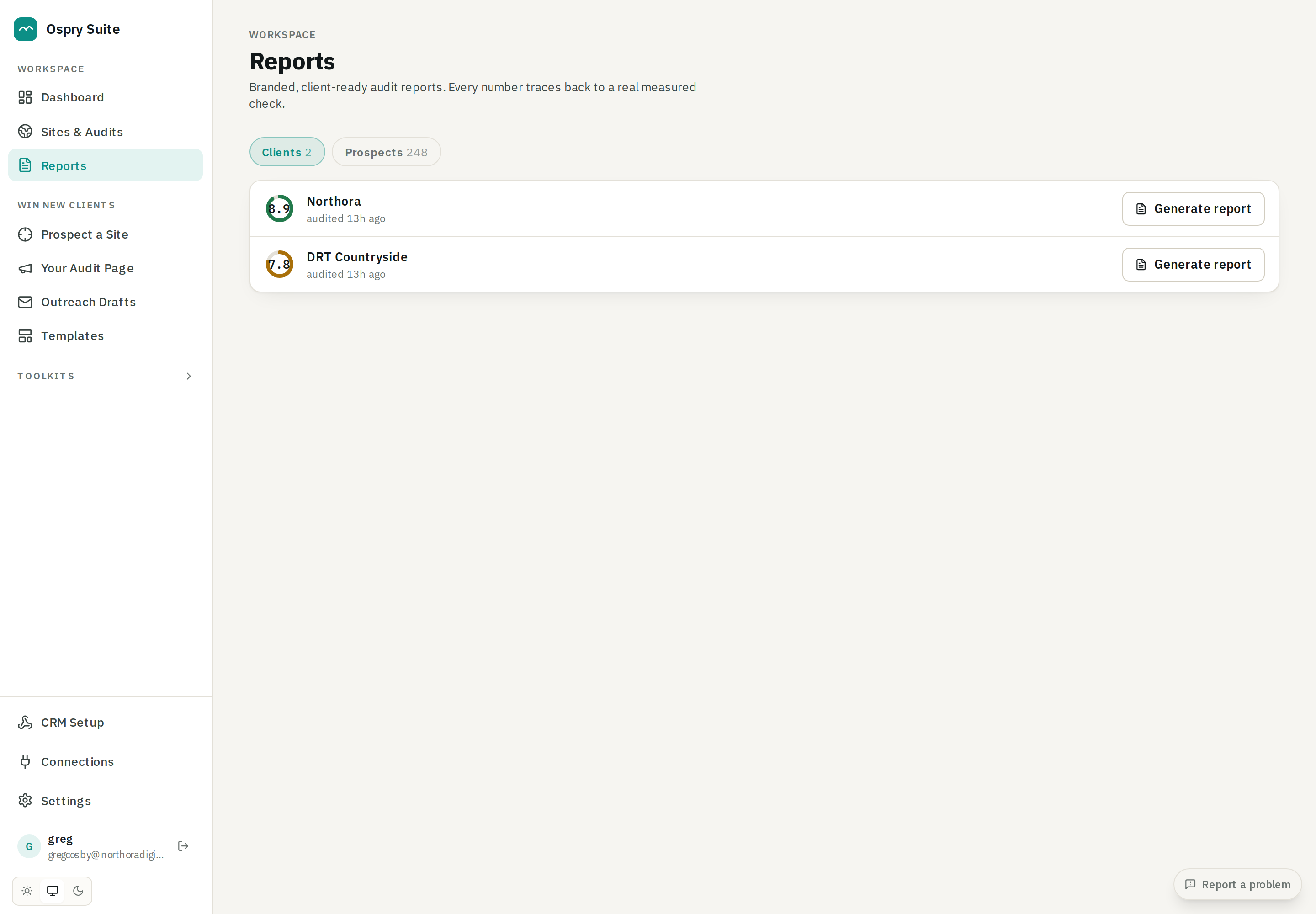 The Reports screen listing client sites with their scores and a generate button for each.
