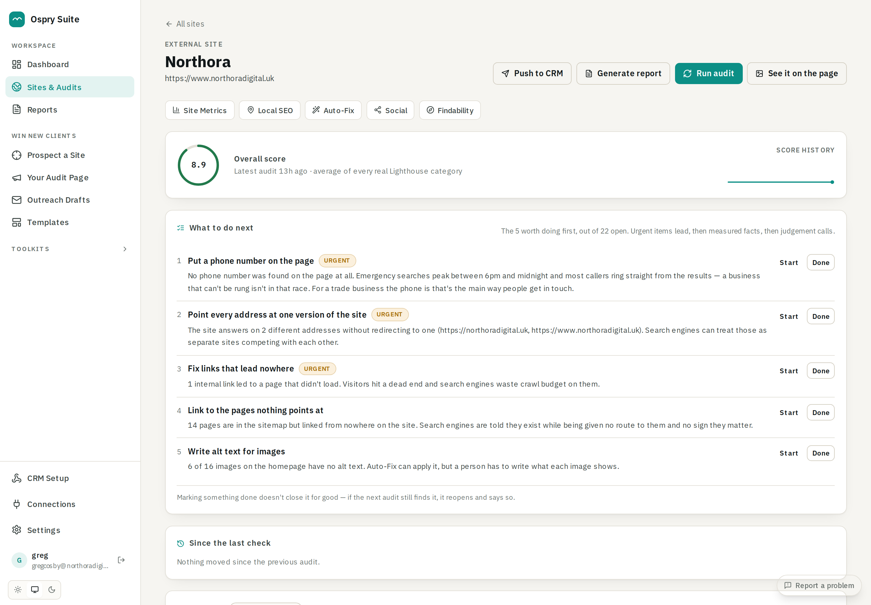 A client site's score and prioritised fix list inside Ospry Suite